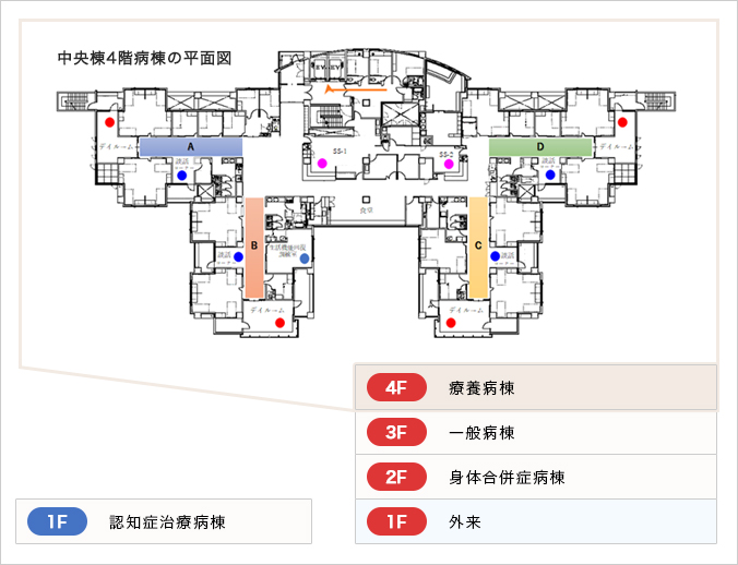 中央棟4階病棟の平面図